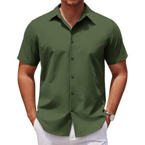 Army Green Men Short Sleeve Button Down Untucked Wrinkle Free Dress Shirt